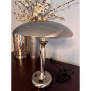 MidCentury Modern Mushroom Desk Lamp Brushed Nickel Built-in Outlets & Data Port